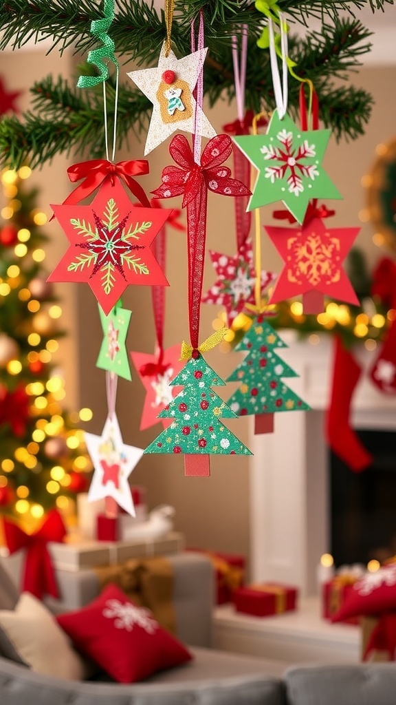 Colorful DIY Christmas card ornaments made from old holiday cards, hanging on a tree.